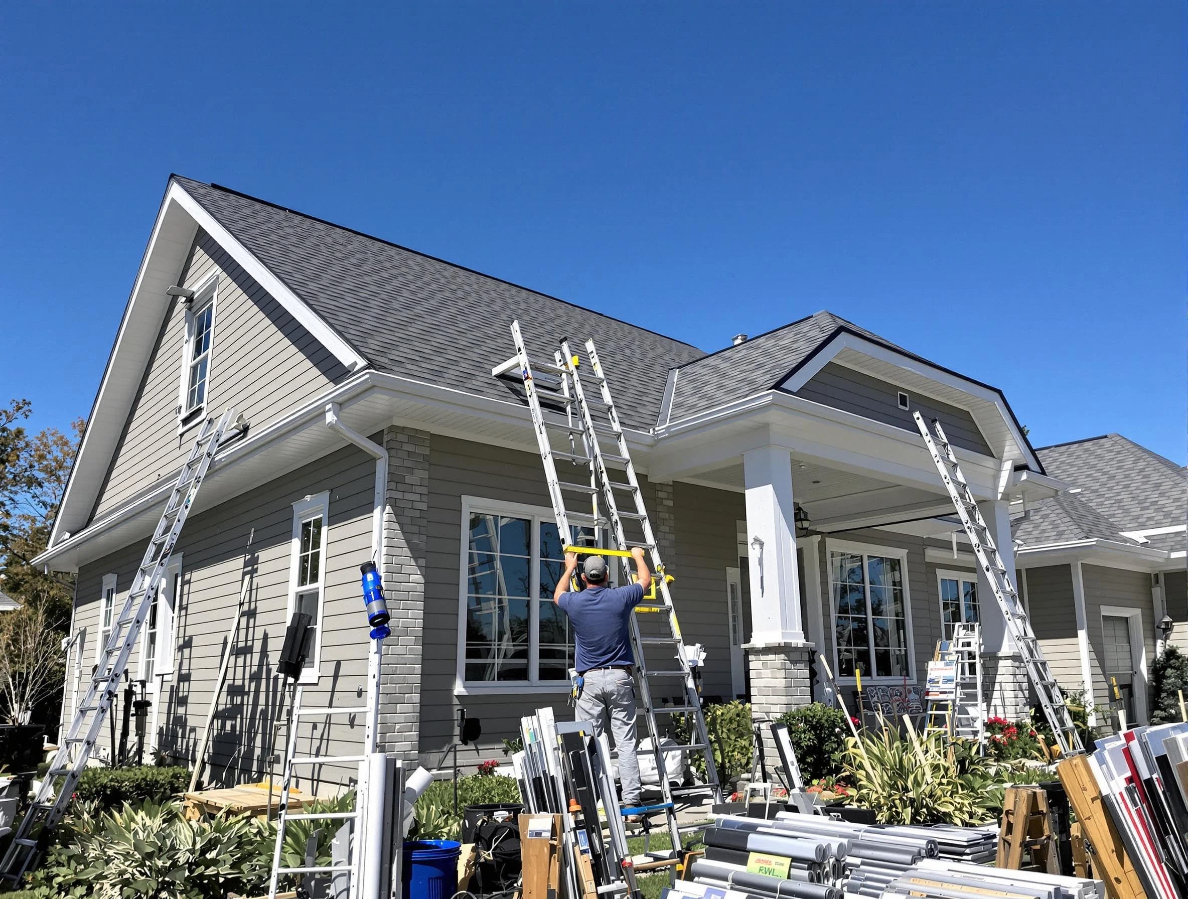 Warrensville Heights Roofing Company fitting rain gutters at a home in Warrensville Heights, OH