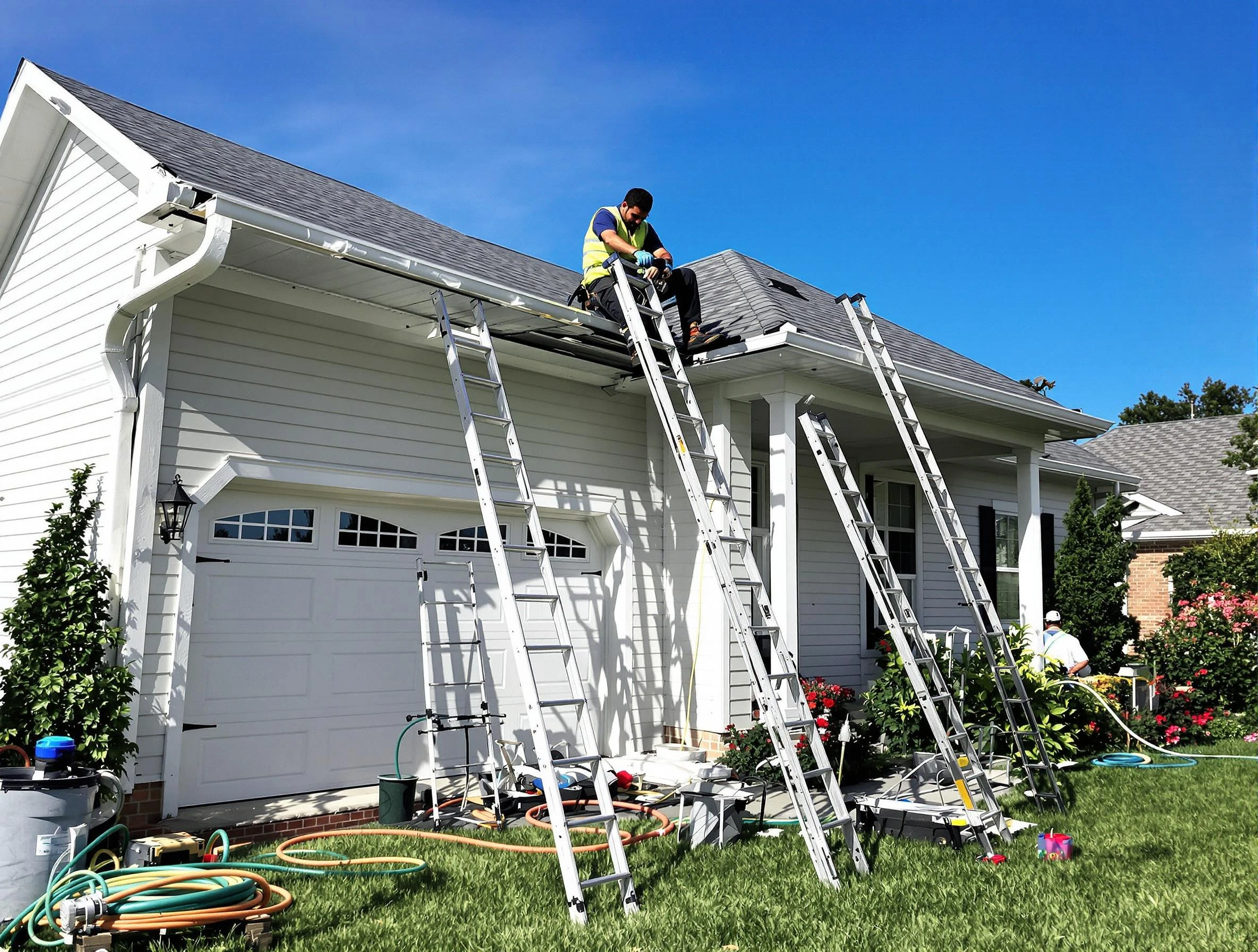 Removal of old gutters by Warrensville Heights Roofing Company to install new system in Warrensville Heights, OH